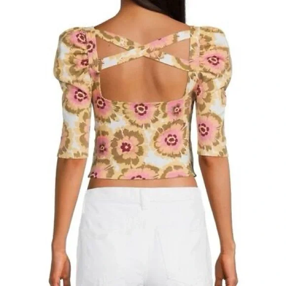 NWT Free People LARGE Give Me More Top in Ivory Combo Puff Sleeve Boho Crop Top - Picture 2 of 12